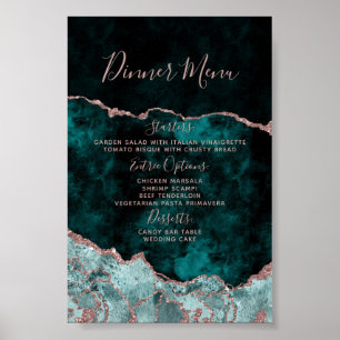 Affiche Menu de mariage en marbre d'agate vert paon or ros