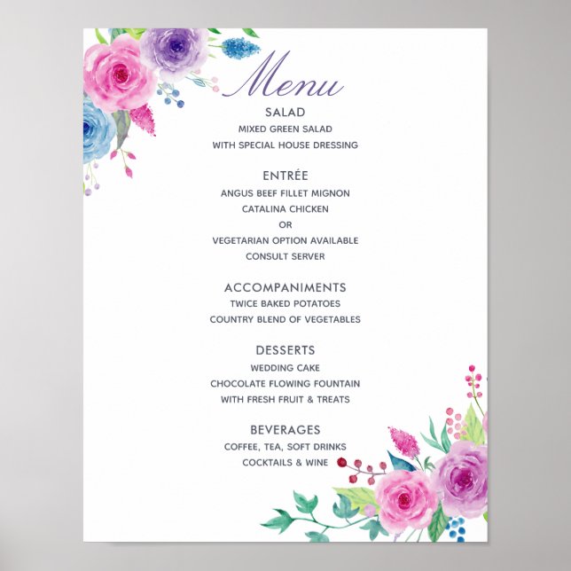 Affiche Menu de mariage floral aquarelle mélange ultra vio (Devant)