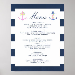 Affiche Menu de mariage floral nautique à l'aquarelle