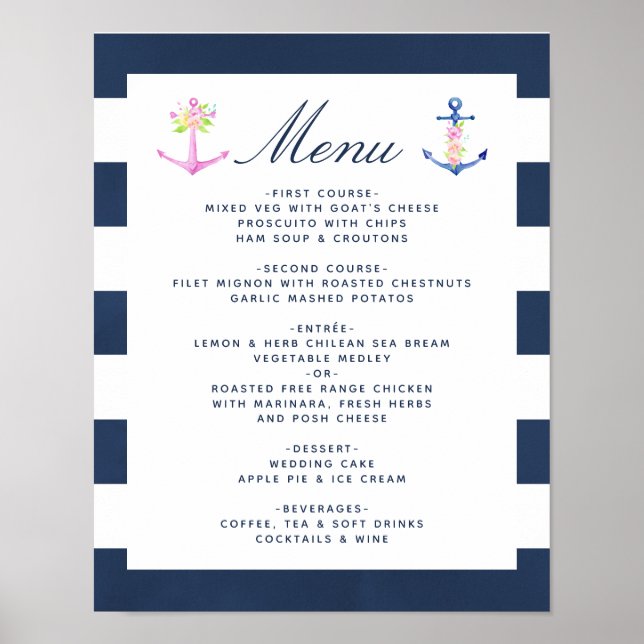 Affiche Menu de mariage floral nautique à l'aquarelle (Devant)