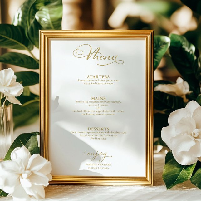 Affiche Menu de Mariage Simple Élégant Feuille d'Or (Créateur téléchargé)