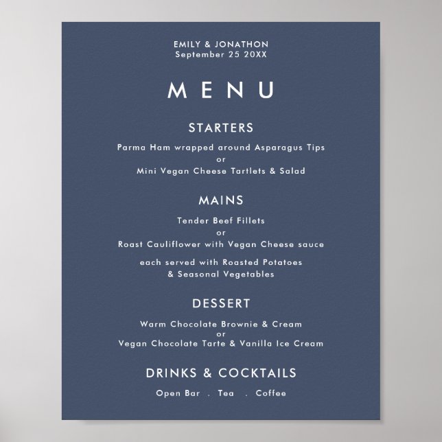 Affiche Menu de mariage simple texte bleu marine poussiére (Devant)