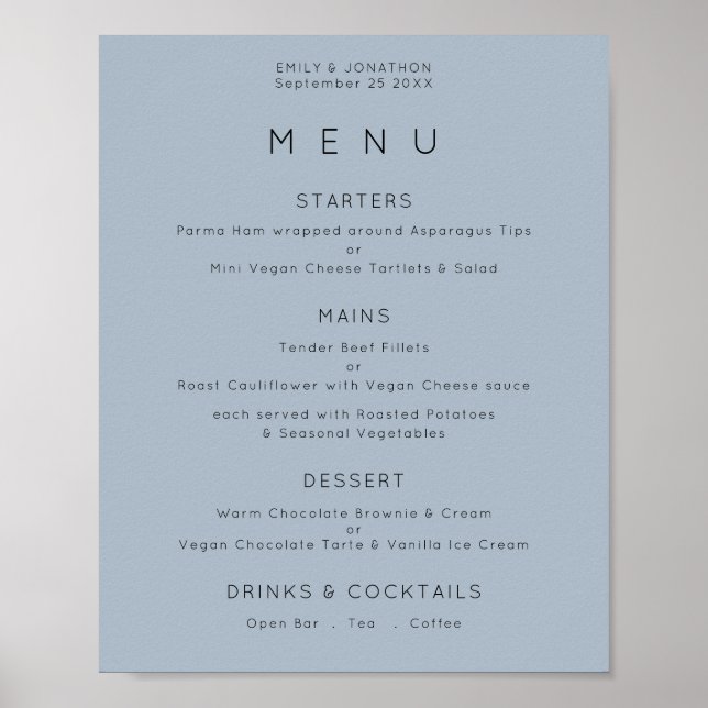 Affiche Menu de mariage simple texte bleu poussiéreux (Devant)