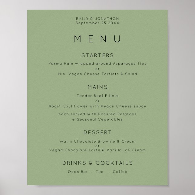 Affiche Menu de mariage simple vert sauge (Devant)