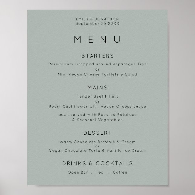 Affiche Menu de mariage simple vert sauge argenté (Devant)