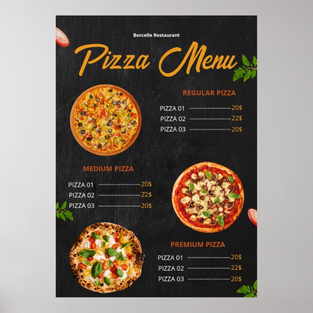 Affiche Menu de pizza éditable Pizzaria Menu de restaurant (Devant)