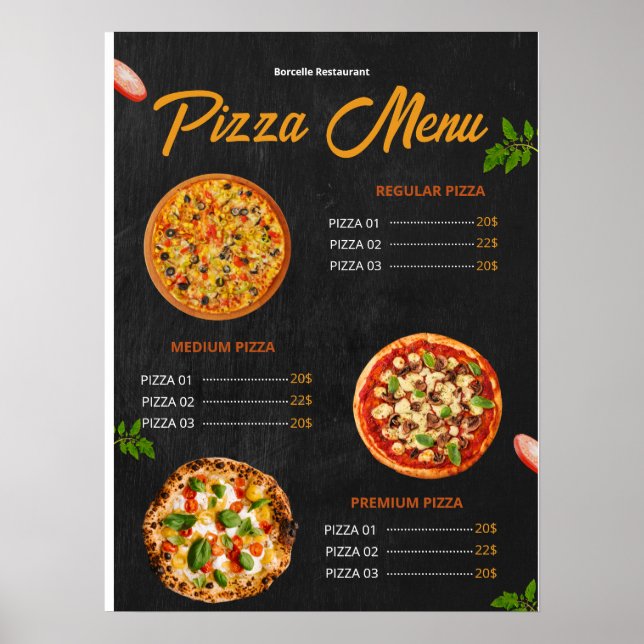 Affiche Menu de pizza éditable Pizzaria Menu de restaurant (Devant)