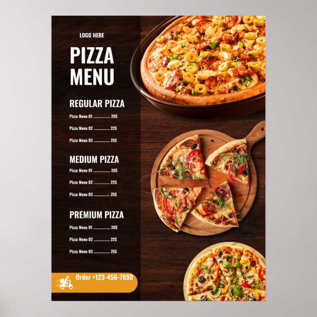 Affiche Menu de pizza éditable Pizzeria Menu de restaurant (Devant)