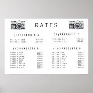 Affiche Menu de prix du photographe à l'appareil photo aqu