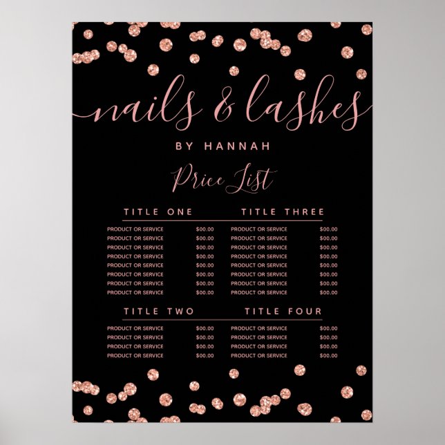 Affiche Menu de prix du salon de paillettes or rose Confet (Devant)