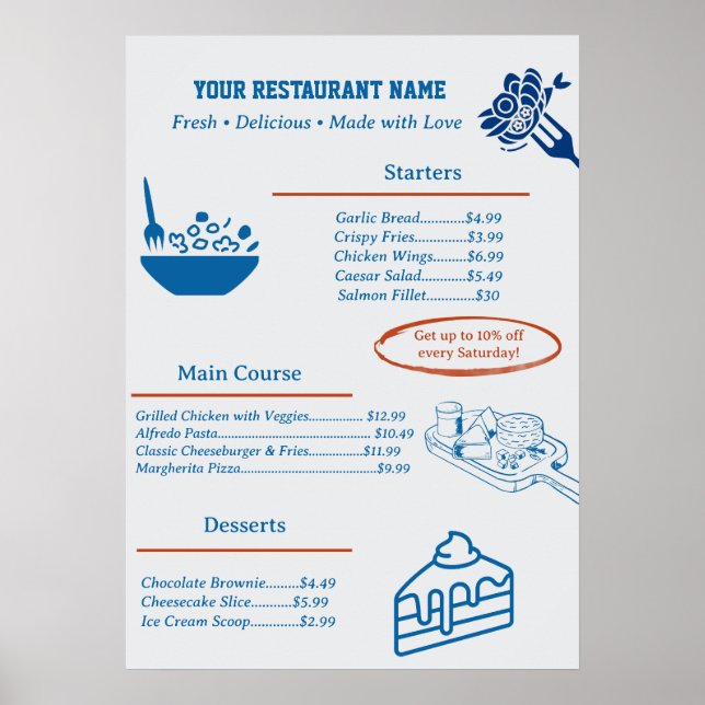 Affiche Menu de restaurant d'affaires personnalisé mignon (Devant)