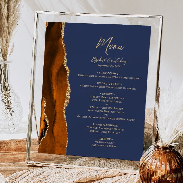 Affiche Menu de table de mariage bleu marine Agate Orange  (Créateur téléchargé)