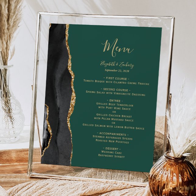 Affiche Menu de table de mariage élégant noir or vert (Créateur téléchargé)