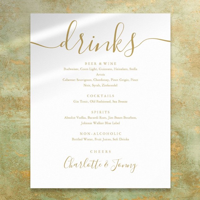 Affiche Menu des boissons à signature dorée (Gold Signature Script Drinks Menu Sign)