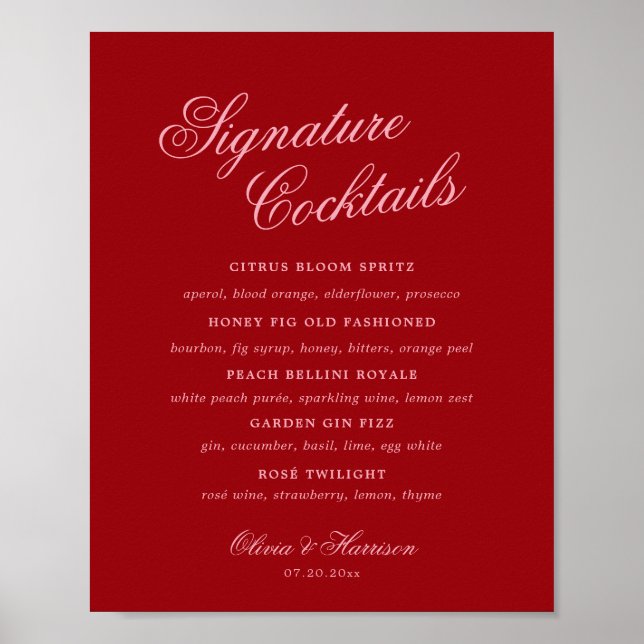 Affiche Menu des boissons à signature rose rouge gras écri (Devant)