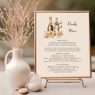Affiche Menu des boissons Bouteilles et fleurs Mariage neu