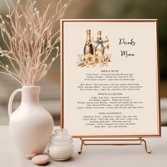 Affiche Menu des boissons Bouteilles et fleurs Mariage neu (Drinks Menu poster from the Romantic Wedding Signs collection by Darling & May)