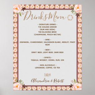 Affiche Menu des Boissons Cadre Floral Rose Mariage Pannea
