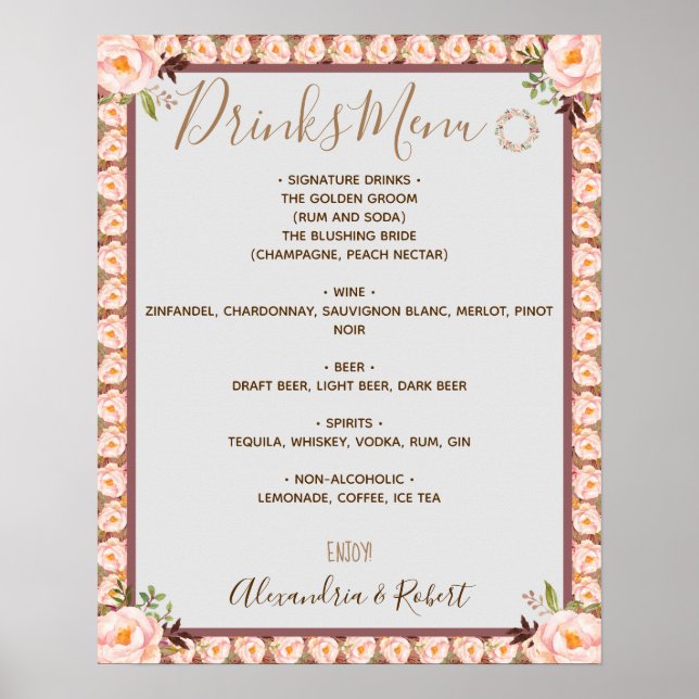 Affiche Menu des boissons Cadre floral rose Signe de maria (Devant)