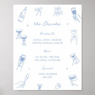 Affiche Menu des boissons de bar de mariage bleu poussiére