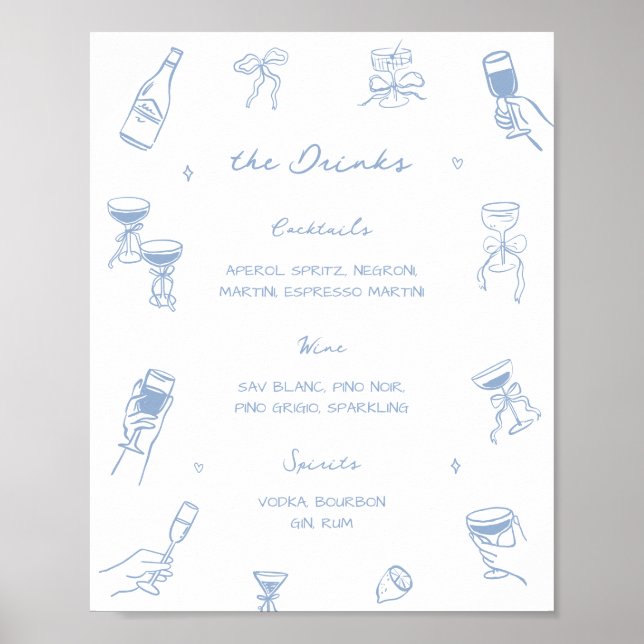 Affiche Menu des boissons de bar de mariage bleu poussiére (Devant)