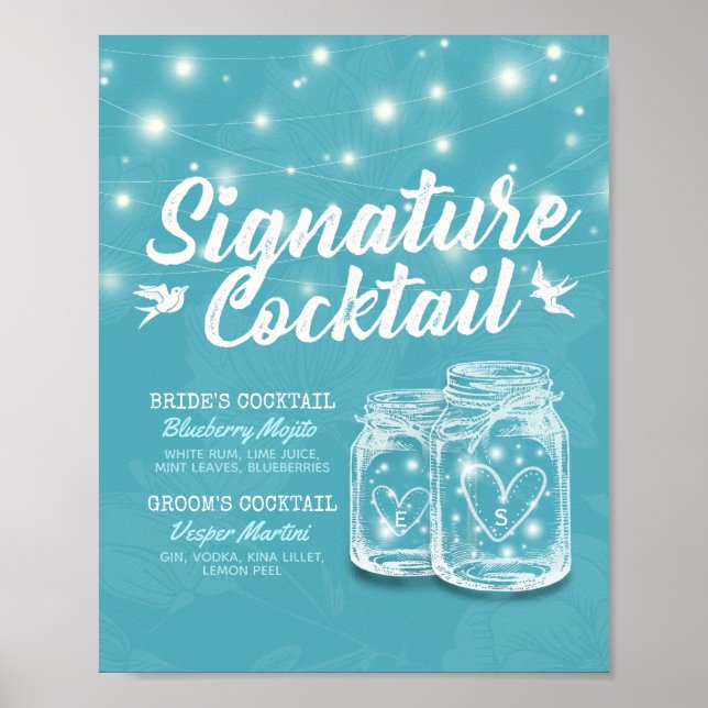 Affiche Menu des boissons de mariage à la fleur bleue de M (Devant)
