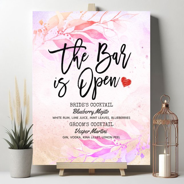 Affiche Menu des boissons de mariage à l'aquarelle The Bar (Créateur téléchargé)