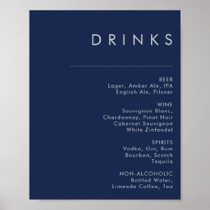 Affiche Menu des boissons de mariage argent bleu marine mo