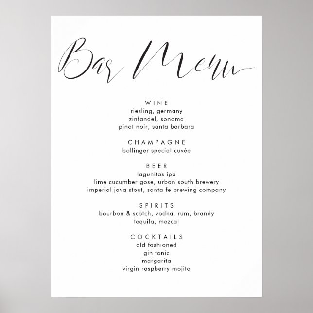 Affiche Menu des boissons de mariage avec écriture de call (Devant)