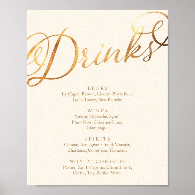 Affiche Menu des boissons de mariage en calligraphie or fa (Devant)