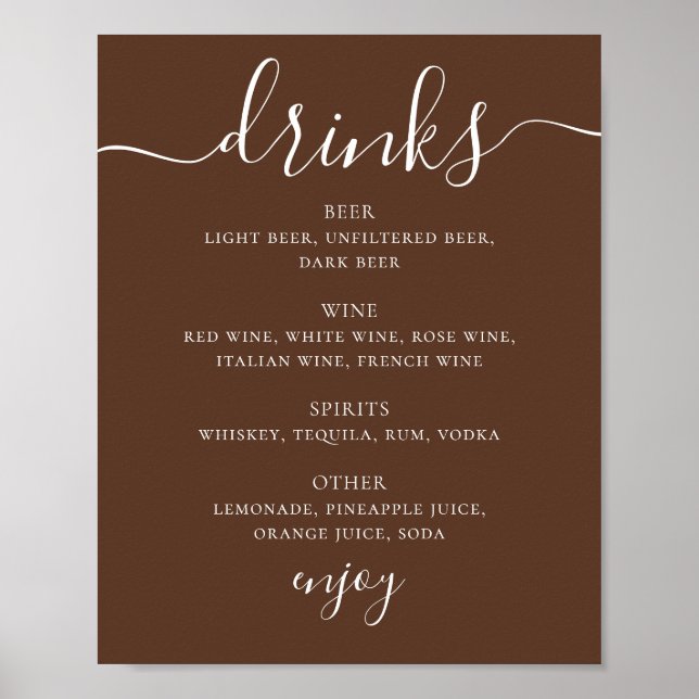 Affiche Menu des boissons de mariage en écriture moderne m (Devant)