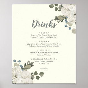 Affiche Menu des boissons de mariage en ivoire Floral d'
