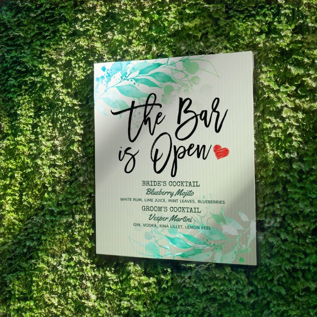 Affiche Menu des boissons de mariage Feuilles vertes Le ba (Créateur téléchargé)