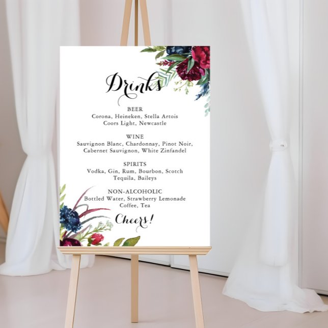Affiche Menu des boissons de mariage floral bohème fantais (Créateur téléchargé)