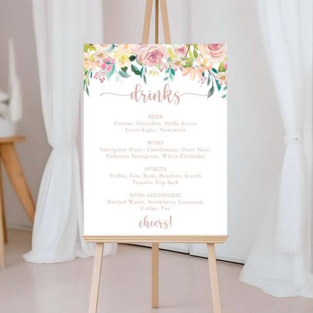 Affiche Menu des boissons de mariage Rose Gold Floral Prin (Créateur téléchargé)