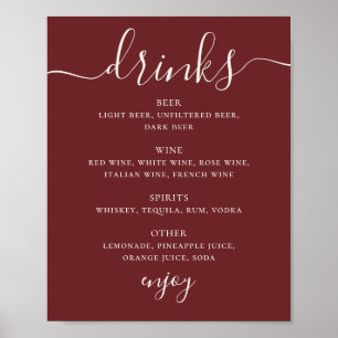 Affiche Menu des Boissons de Mariage Rouge Vin Profond. Pa