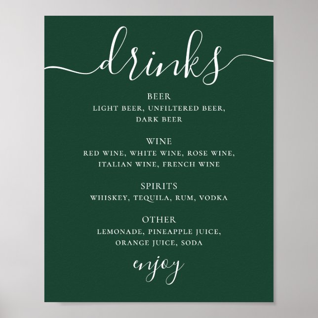 Affiche Menu des Boissons de Mariage Vert Forêt Sombre | P (Devant)