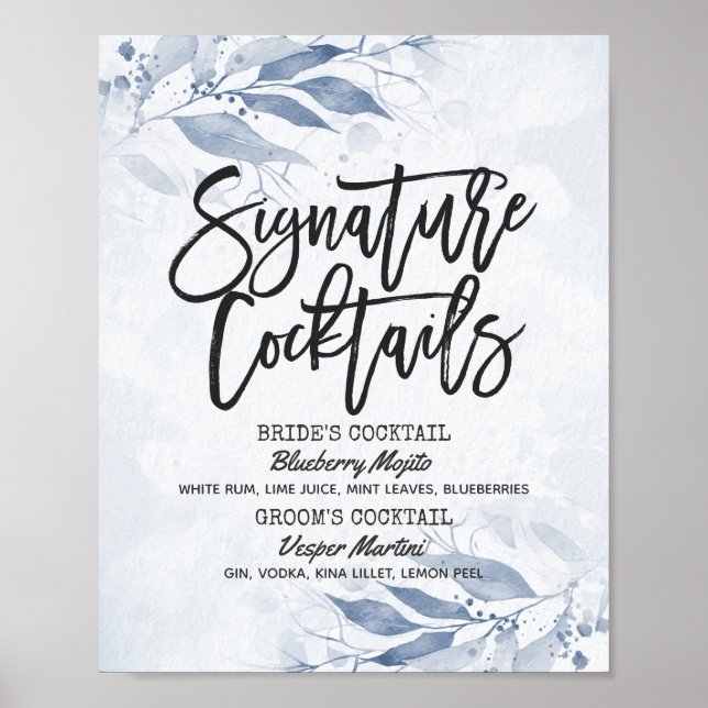 Affiche Menu des boissons de signature de mariage aux feui (Devant)
