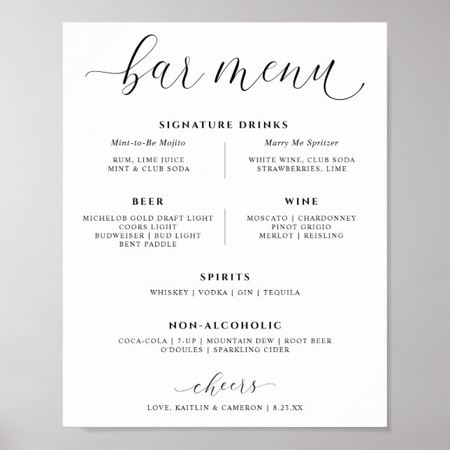 Affiche Menu des Boissons du Bar de Mariage Élégant Boisso (Devant)