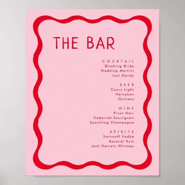 Affiche Menu des boissons du bar ondulé rose et rouge rétr (Devant)