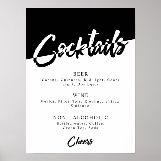 Affiche Menu des boissons pour soirée chic noir et blanc (Devant)