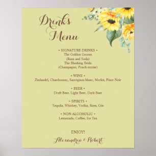 Affiche Menu des boissons Tournesols Verdure Mariage de ma