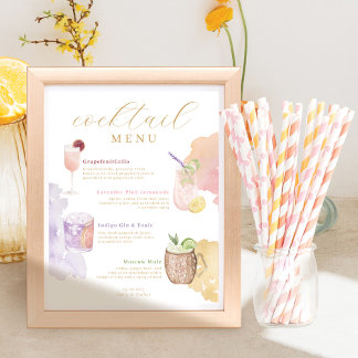 Affiche Menu des Cocktails Bar de Mariage à l'Aquarelle Bo
