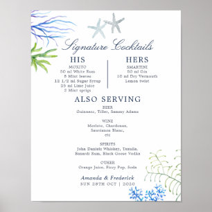 Affiche Menu des cocktails de mariage de plage aux algues
