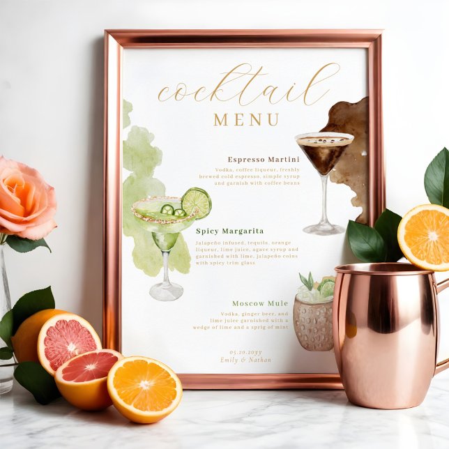 Affiche Menu des cocktails Menu des boissons du bar de mar (Cocktail Menu Watercolor Wedding Bar Drink Menu Poster)