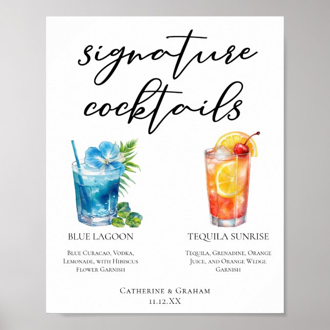 Affiche Menu des cocktails signature de mariage sur une îl (Devant)
