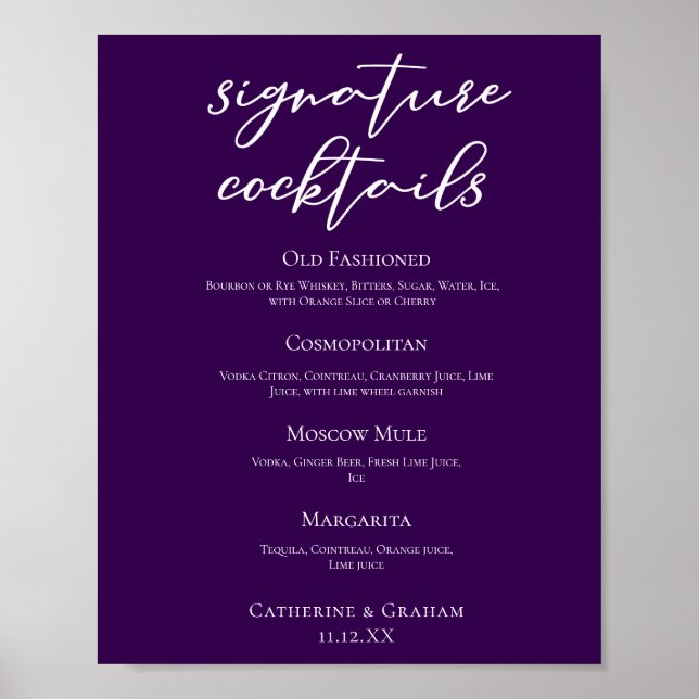 Affiche Menu des cocktails signature de mariage violet fon (Devant)