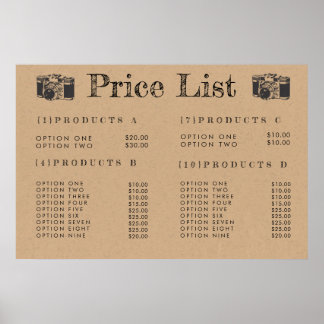 Affiche Menu des prix des photographes de l'appareil photo