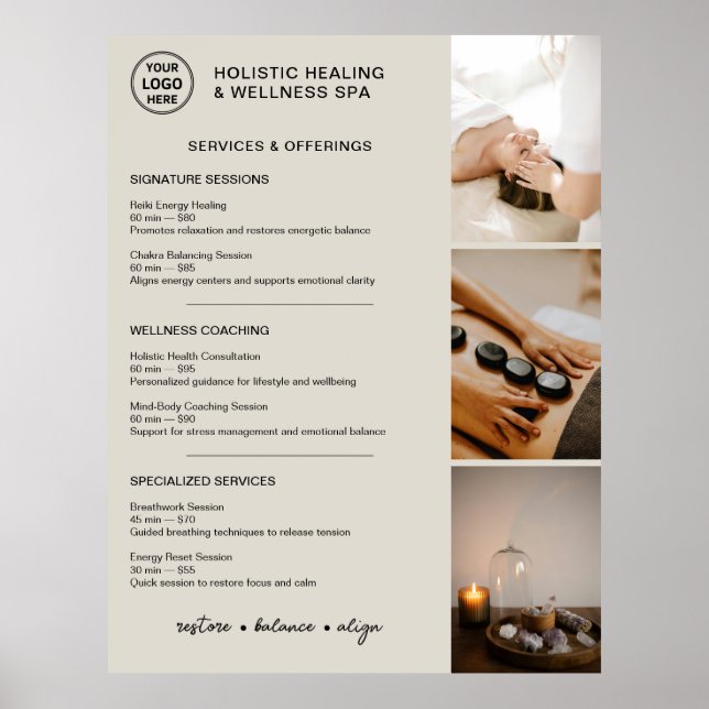 Affiche Menu des services de bien-être holistique Beige ne (Devant)