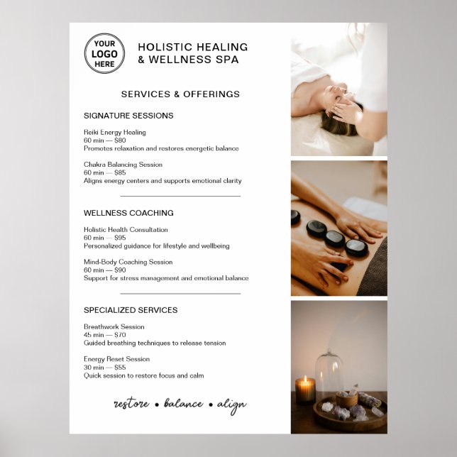 Affiche Menu des services de bien-être holistique Blanc (Devant)